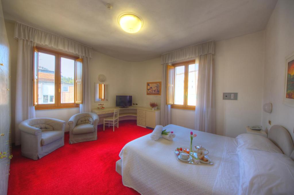 基安奇安诺泰尔梅米兰大酒店的卧室配有白色的床和红色地毯