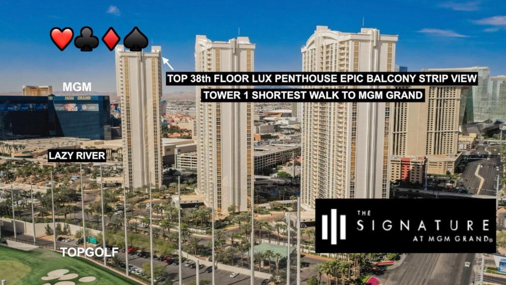 拉斯维加斯SIGNATURE MGM TOP 38th FLOOR PENTHOUSE, BEST DELUXE BALONY STRIP VIEW SUITE, NO RESORT FEE, FREE VALET, SHORTEST WALK 2 MGM的享有城市天际线和高楼的景色