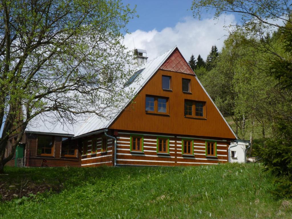 霍尔马拉帕Hepnarova Bouda的一座带金属屋顶的大型木制房屋