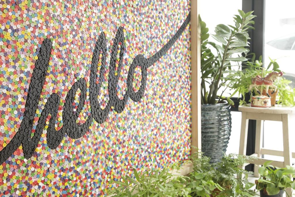 新加坡梦想胶囊旅馆的挂在墙上的多彩的被子,有植物