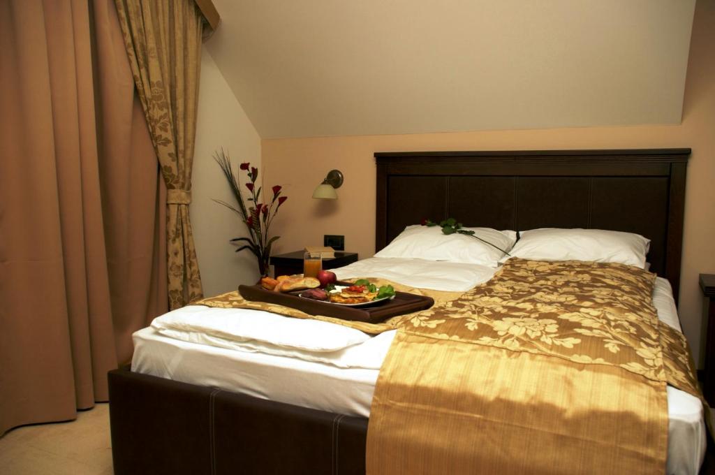 兹拉蒂博尔维拉翩娜酒店的一间酒店客房,配有一张床铺,上面放着一个食物托盘