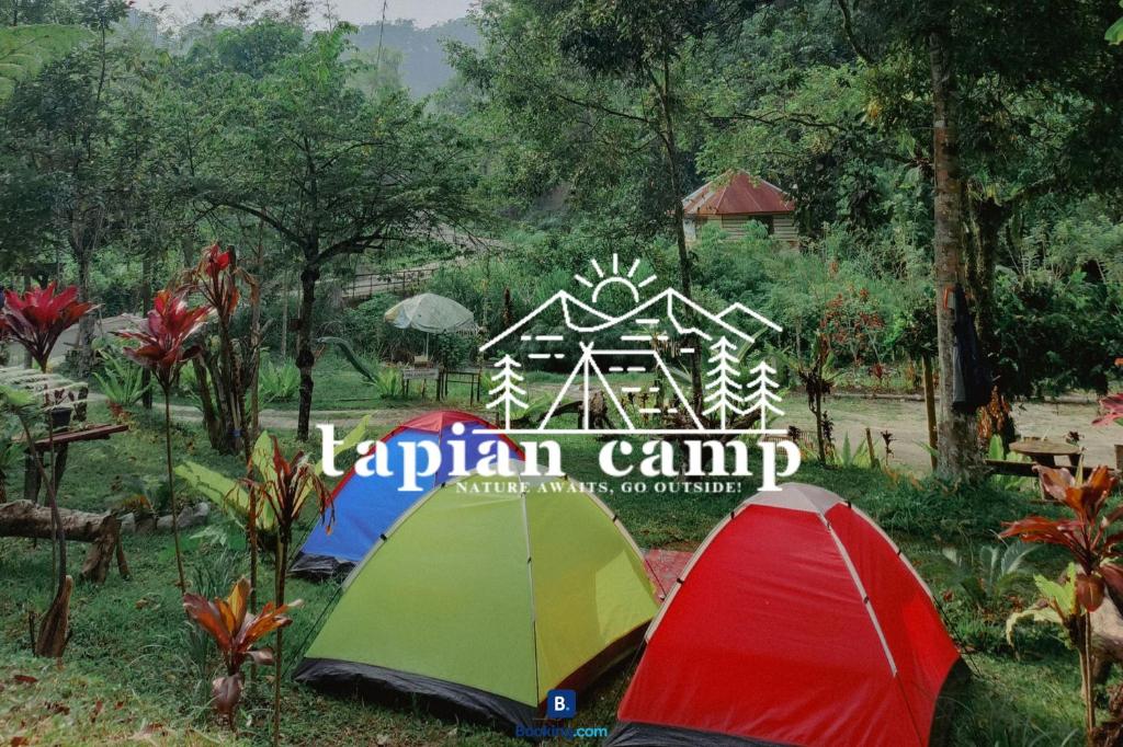 武吉丁宜Tapian Camp的营地标志前草上两个帐篷