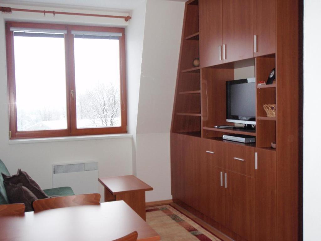 拉莫佐夫Apartmán Ramzová B14的客厅配有电视和木制书架