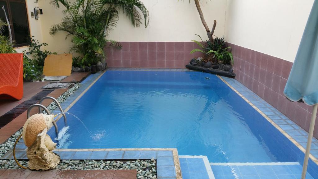 甘地达萨阿玉塔曼纱丽酒店的泰迪熊站在游泳池旁边