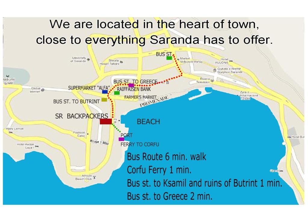 萨兰达Saranda Backpackers的镇热的圣十字地图