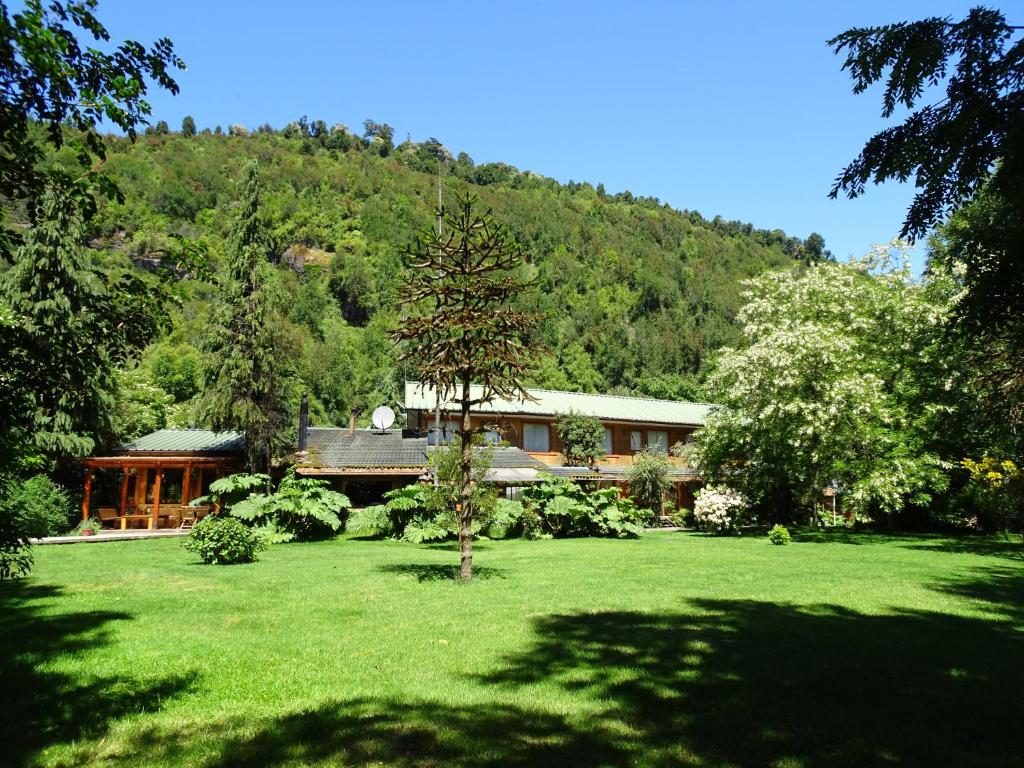 La JuntaEspacio y Tiempo Hotel de Montaña的绿色庭院中间的房子