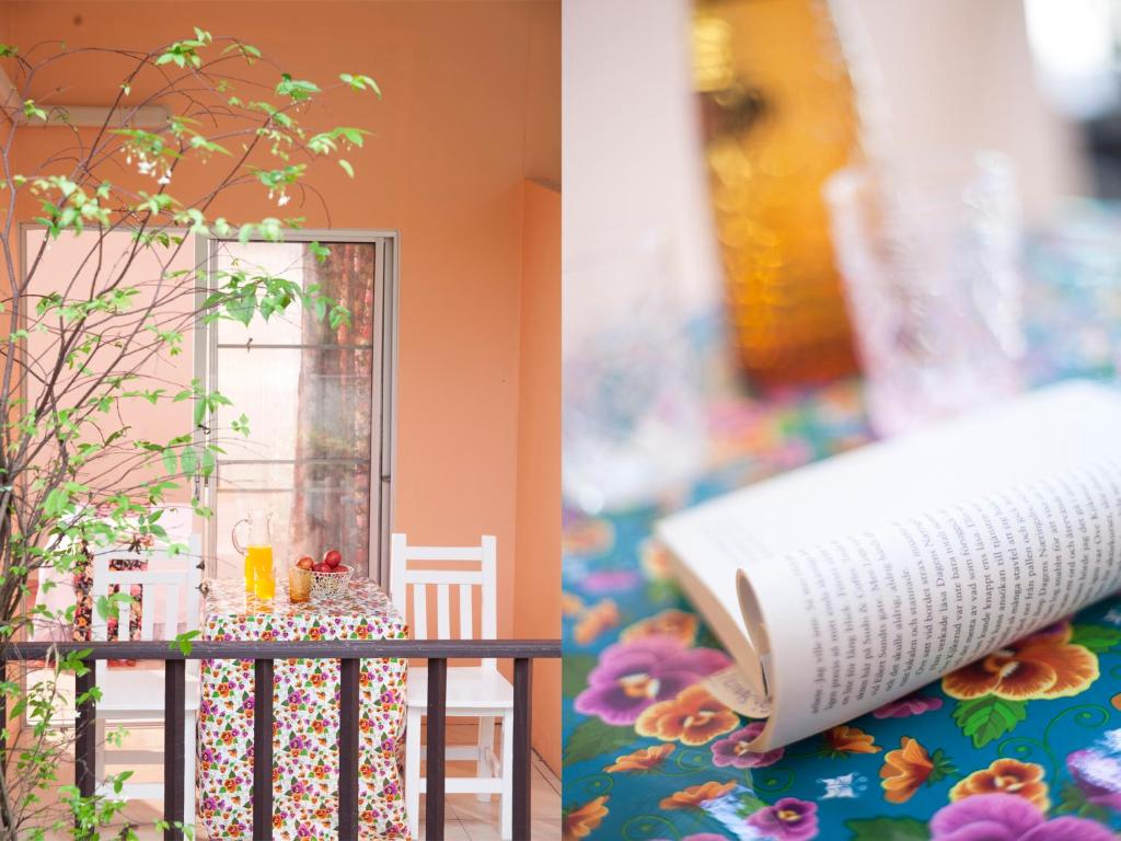 蔻立莱斯弗勒豪斯酒店的两张照片,一张桌子和一本书