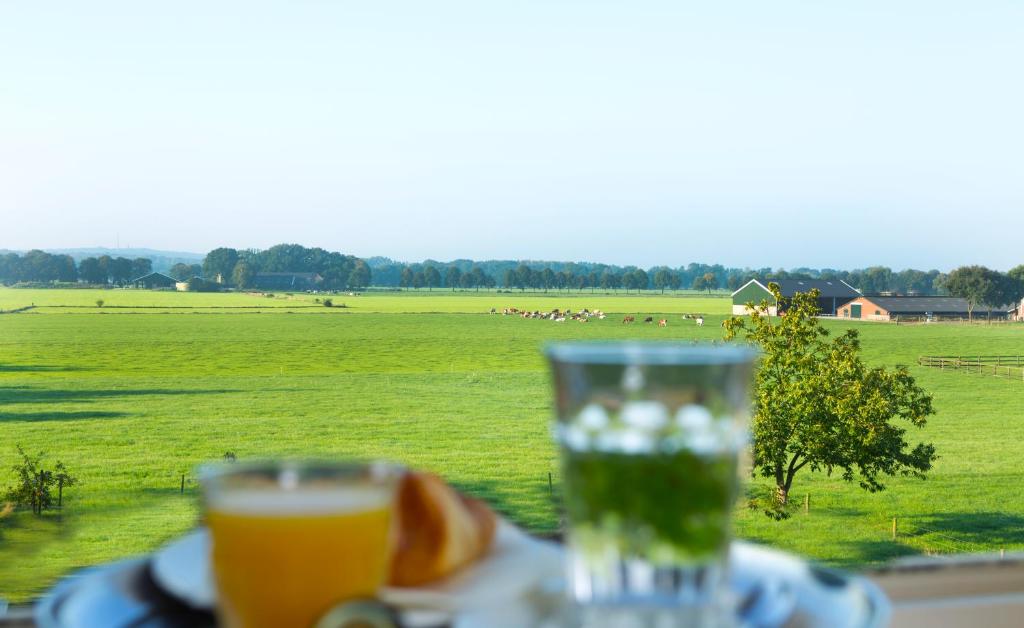 BeekHotel Zonneheuvel的坐在桌子上边的一块田地里喝一杯葡萄酒