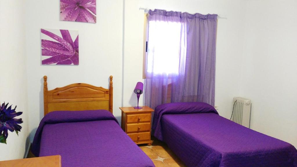 巴耶格兰雷伊安帕罗拉斯哈雅斯膳食公寓的紫色床单的客房内的两张床