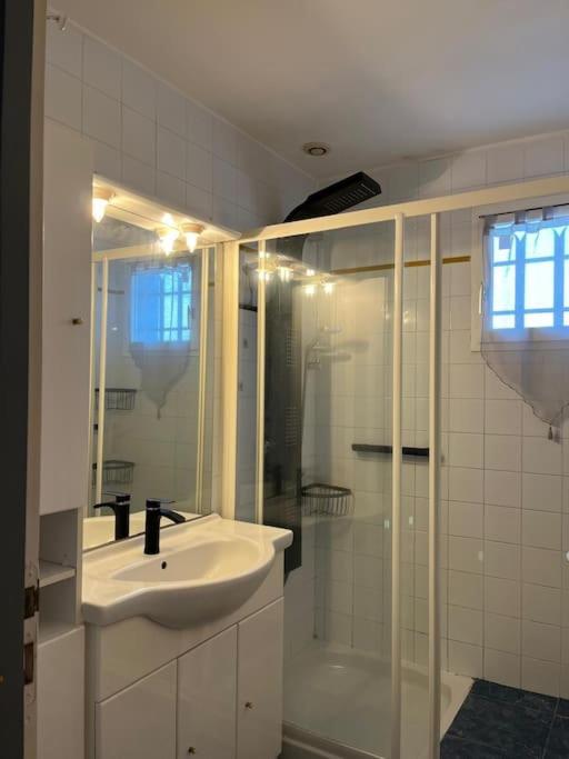 乐巴凯尔斯Maison au bord de l&#39;etang的带水槽和淋浴的白色浴室