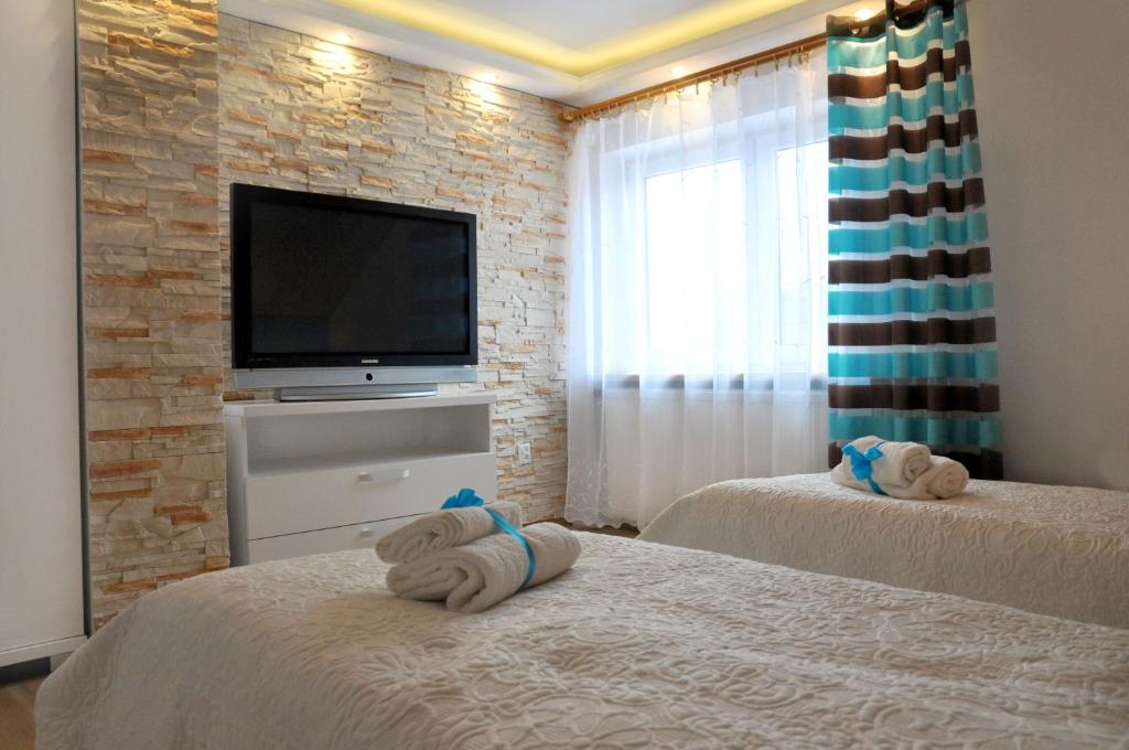 克雷尼察Angel Apartment的一间卧室配有两张床和一台平面电视