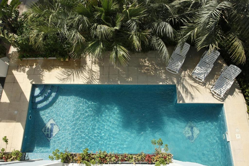 埃斯特角城Jamaica Punta del Este Hotel & Residence的享有棕榈树游泳池的顶部景致