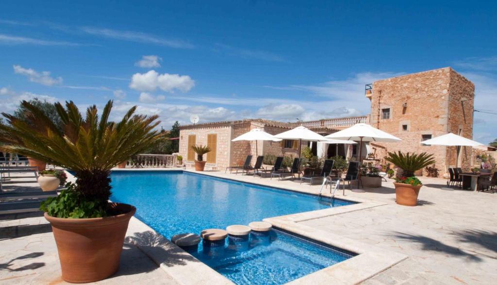 塞萨利内斯S´Hort de Can Carrió的一座建筑中一座带棕榈树和遮阳伞的游泳池
