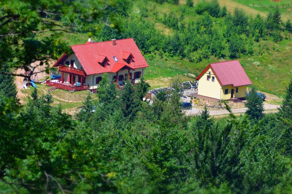 索斯诺夫卡Ranczo Spełnionych Marzeń的享有红色屋顶房屋的空中景致
