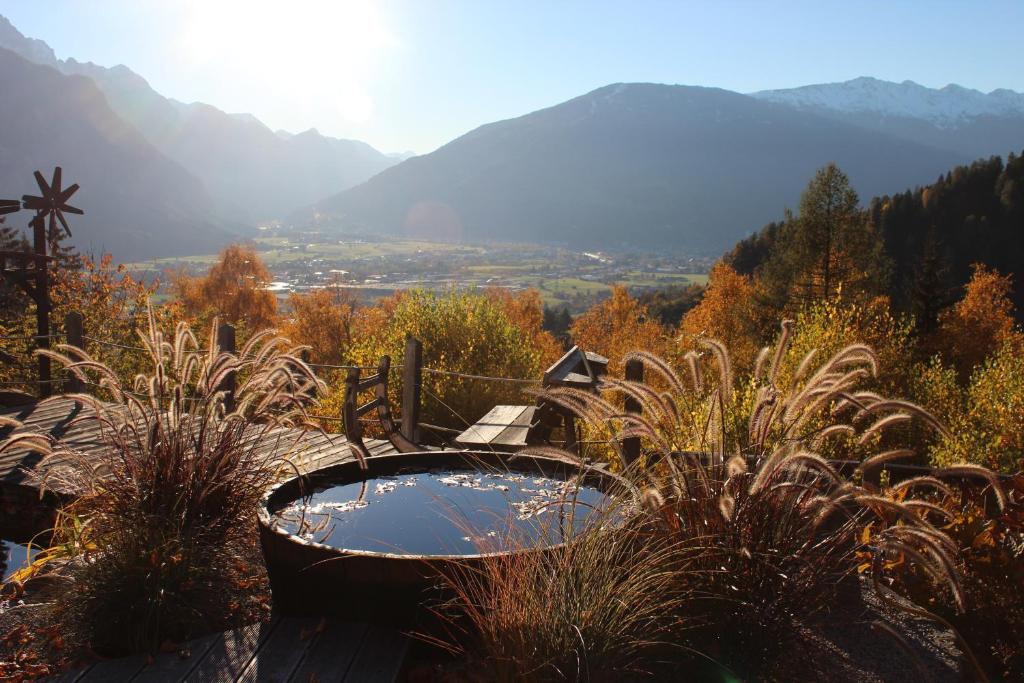 利恩茨Panoramablick Osttirol的花园内的一个热水浴池,以群山为背景