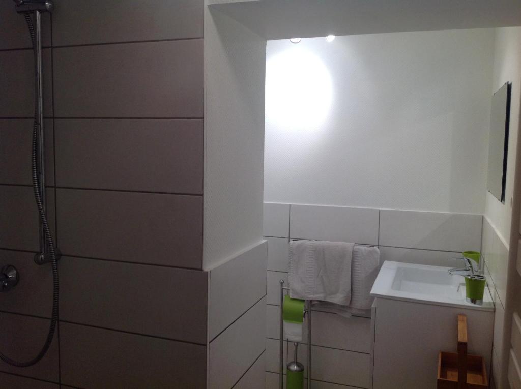 利克维Birgele的白色的浴室设有水槽和淋浴。