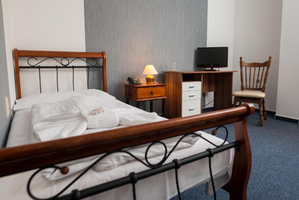 瓦赫河畔新梅斯托戴安娜酒店的一间卧室配有一张床和一张书桌及电视