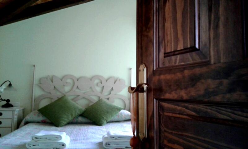 考恩El llagar de Mestas De Con的一间卧室配有一张带绿色枕头的床和木门