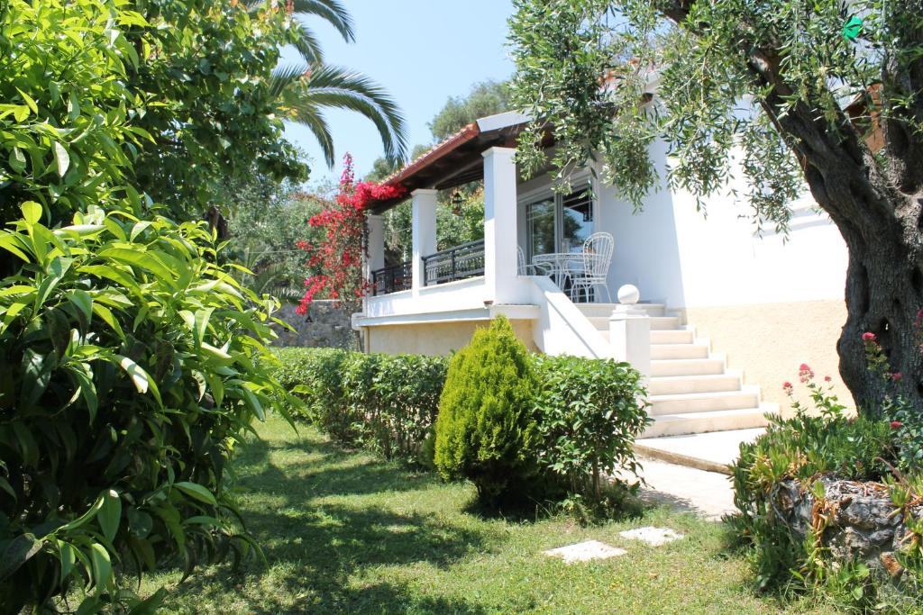 帕莱欧卡斯提撒Emmy villa paleokastritsa的院子里有树的白色房子