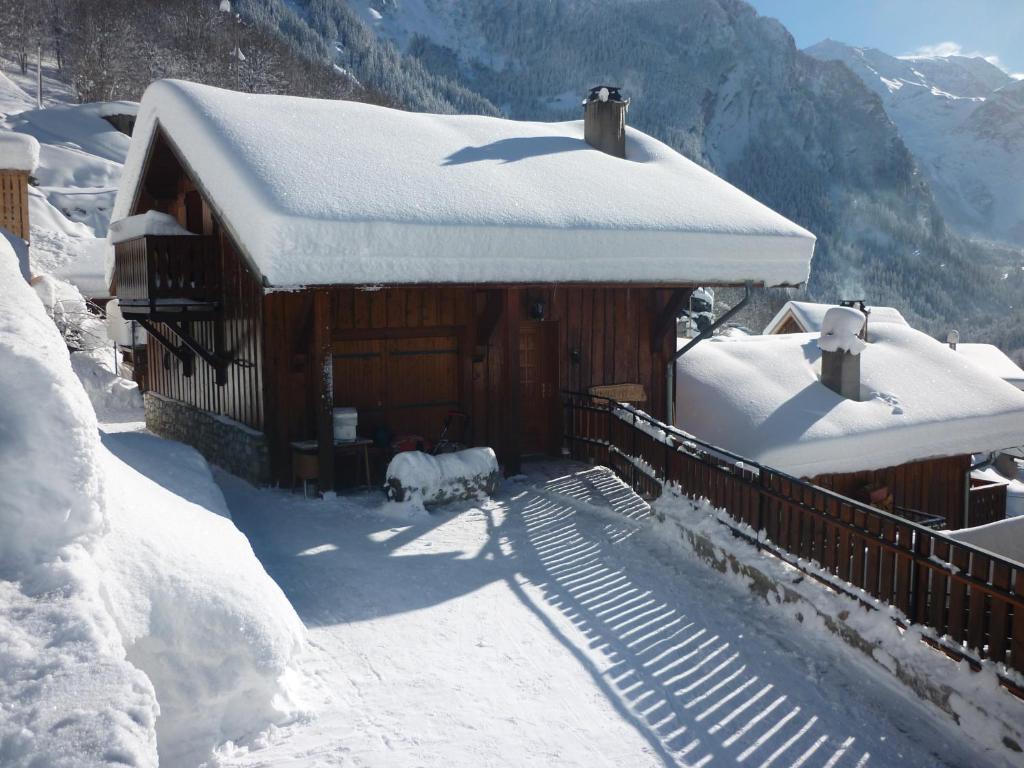 PlanayChalet Analma的雪覆盖的小屋,有雪覆盖的屋顶