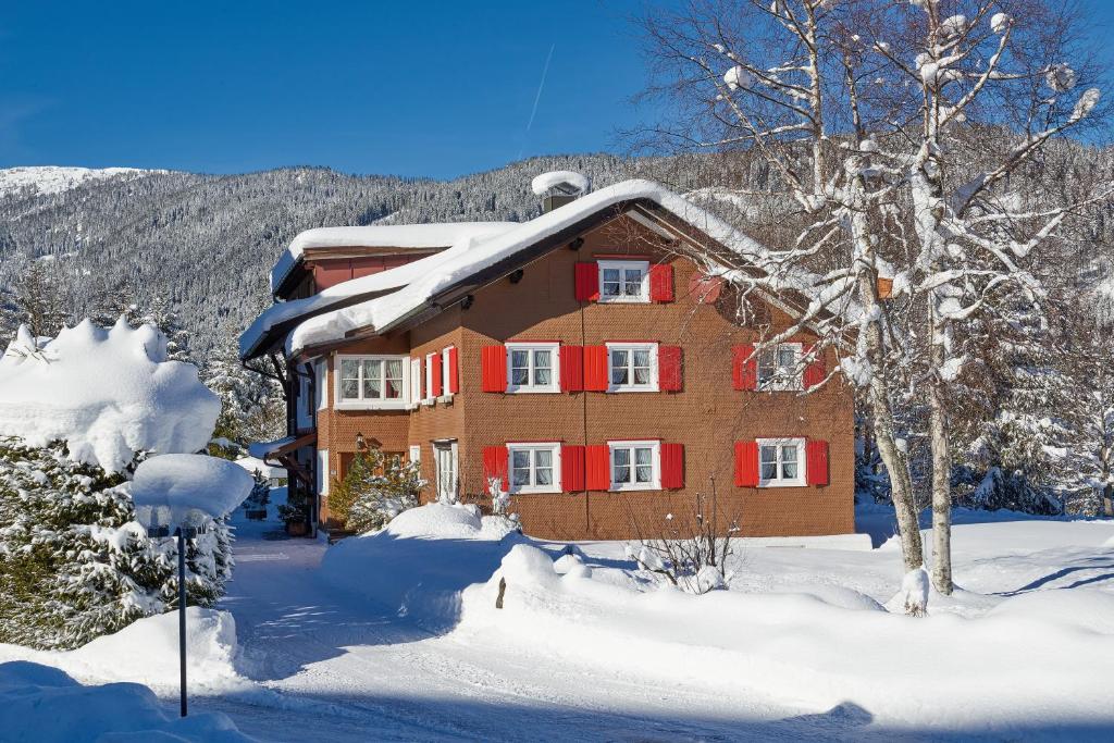 里茨勒恩Ferienhaus Kessler的雪覆盖的红色百叶窗房子