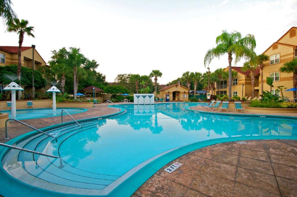 奥兰多布纳维斯塔湖蓝树度假酒店的棕榈树度假村的大型游泳池