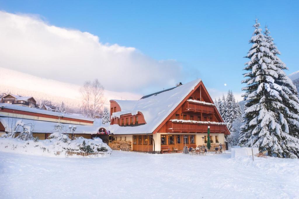 什平德莱鲁夫姆林滨海公寓的雪地中的小木屋,有圣诞树