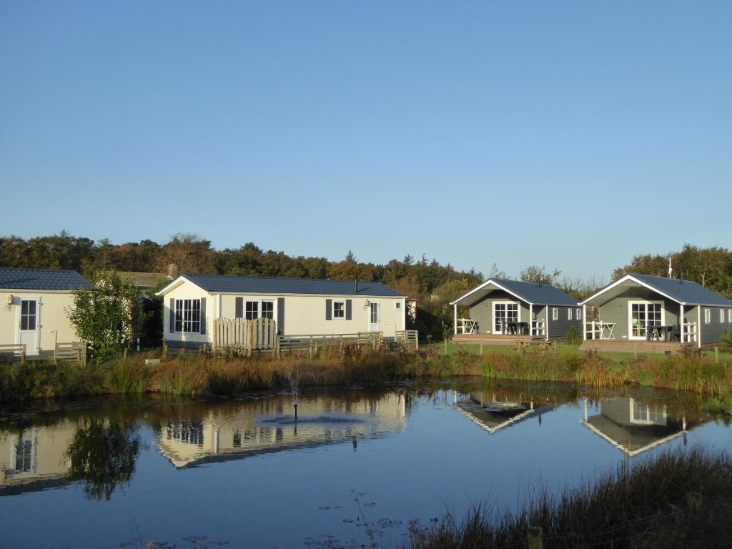 登堡Vakantiepark Dennenoord的湖上一排移动房屋