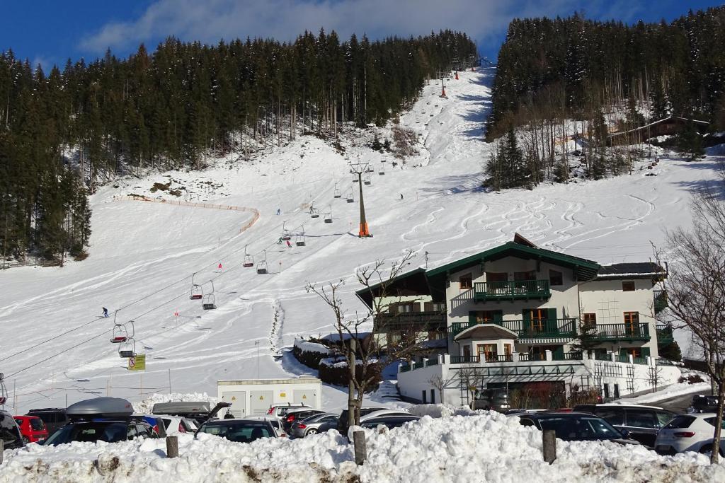 蓬高地区埃本Ferienwohnung Grünwald的雪坡上的滑雪小屋,设有滑雪缆车