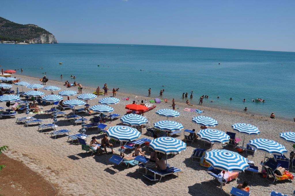 马蒂纳塔马蒂纳塔野营酒店的一片蓝白遮阳伞和人造沙滩