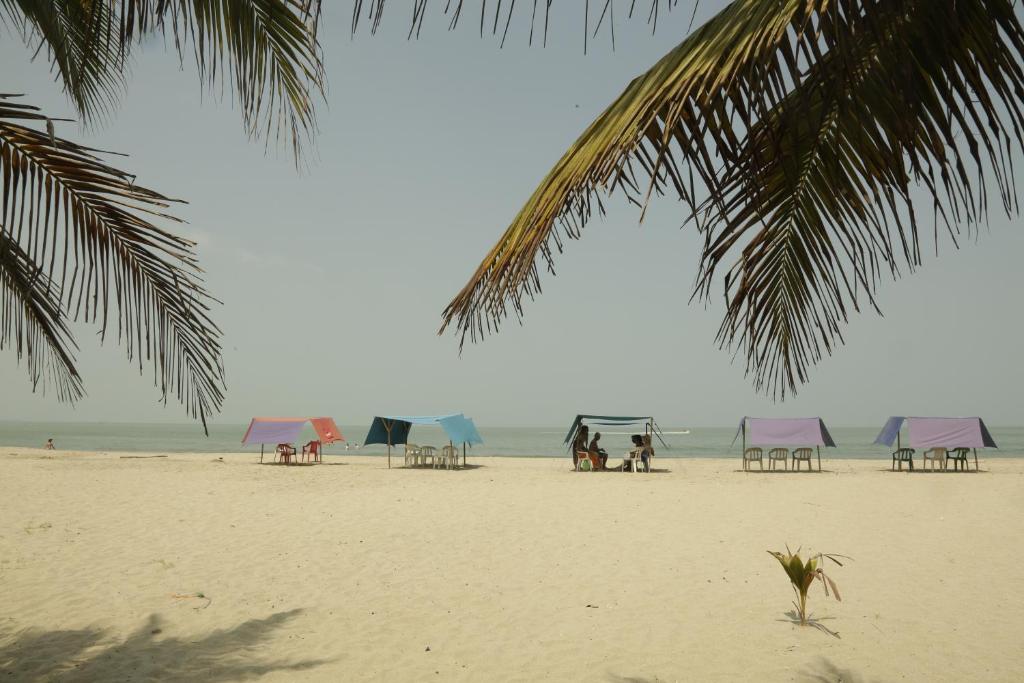 科韦尼亚斯Casa de Playa Manecal的海滩上有人,沙滩上摆放着椅子和遮阳伞