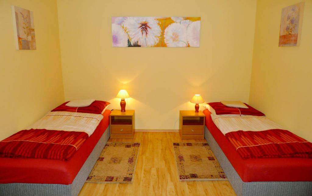 布尔诺Apartment Kamenná的配有2张单人床的客房,配有2盏灯