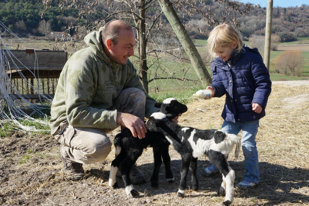 福卡尔基耶巴斯查鲁斯农家乐的喂两只小山羊的男人和小女孩