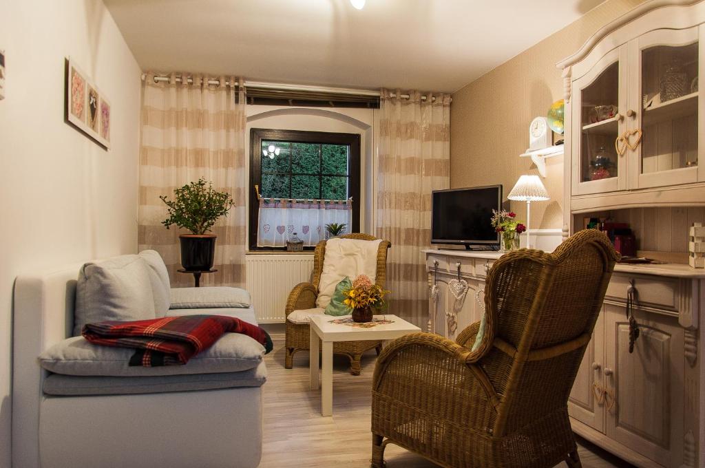德累斯顿浪漫兰德公寓式酒店的客厅配有两把椅子和电视