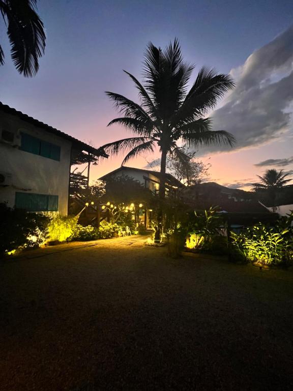 帕拉蒂Villa Tiê Paraty的夜晚在房子前面的棕榈树