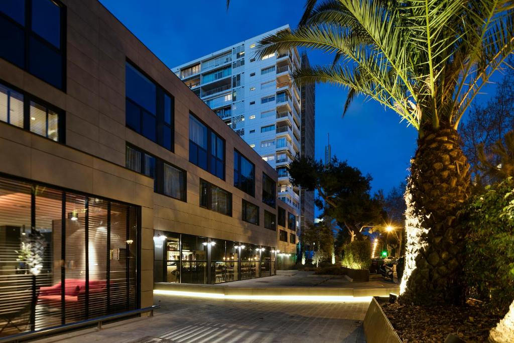 巴塞罗那对角线之上酒店的棕榈树在晚上在建筑物前