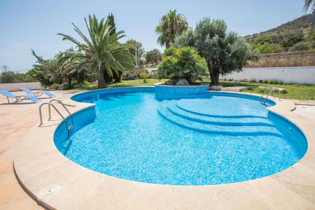 卡拉米洛Na Penyal的棕榈树庭院里的一个蓝色海水游泳池