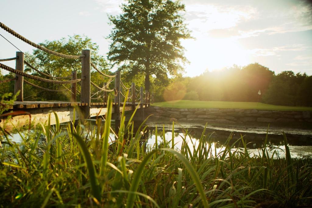New Haven雪松溪酒店的池塘上的摆动桥,阳光灿烂