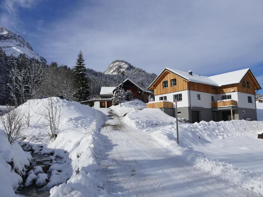 阿尔陶塞Haus Loserblick的房屋前有积雪覆盖的街道