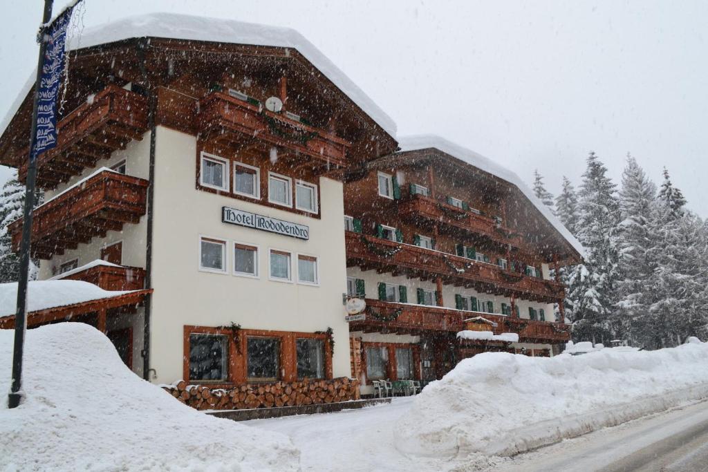 坎皮泰洛迪法萨Hotel Rododendro Val di Fassa的雪中大建筑