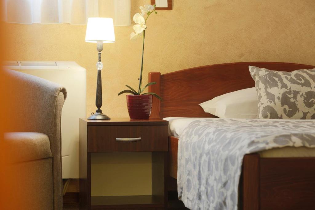 贝尔格莱德塔拉住宿旅馆的一间卧室,配有一张带台灯的床头柜