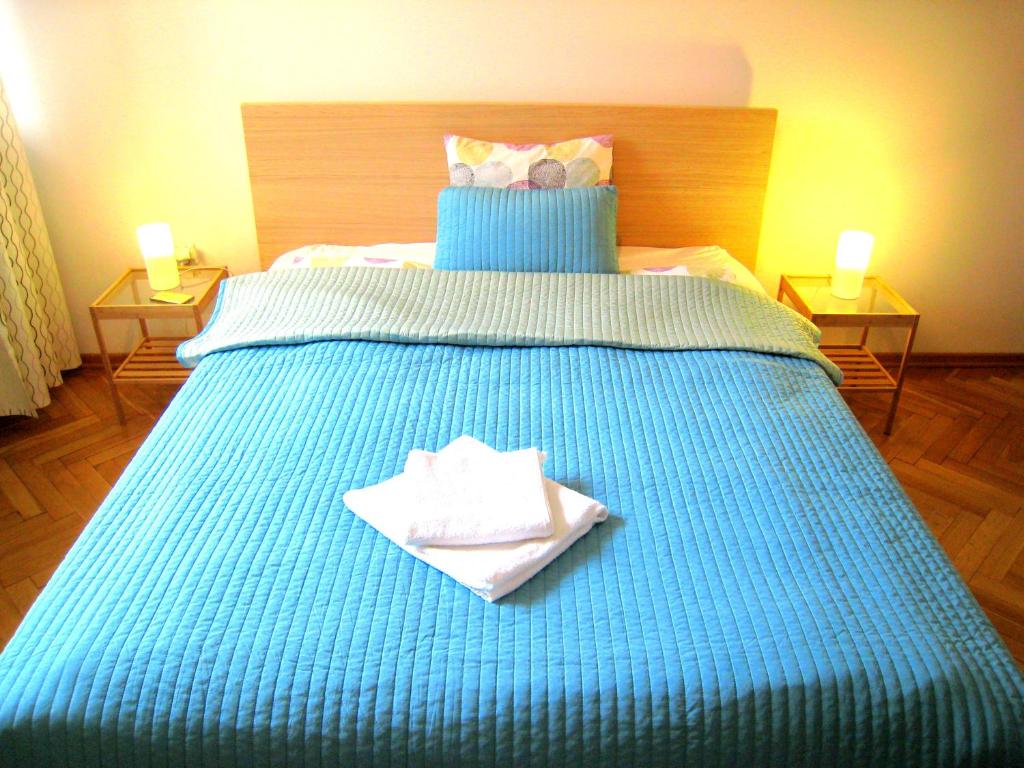 华沙威尔逊公寓的蓝色的床,上面有两条毛巾