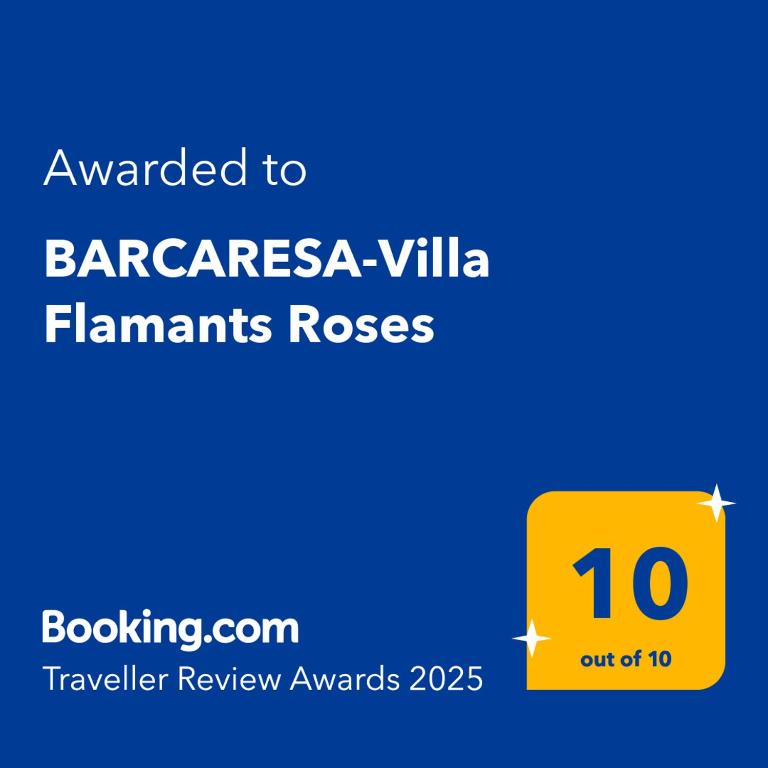 乐巴凯尔斯BARCARESA-Villa Flamants Roses的黄色标志,文字被授予Bararca villa flannigans