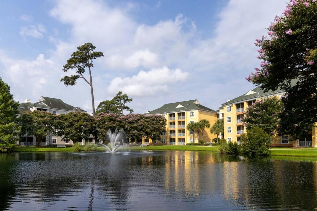默特尔比奇Sheraton Broadway Resort Villas的湖中带喷泉的建筑