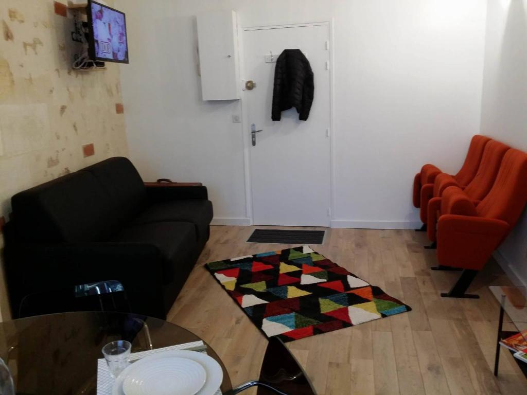 波尔多beau studio centre ville的客厅配有黑色沙发和色彩缤纷的地毯