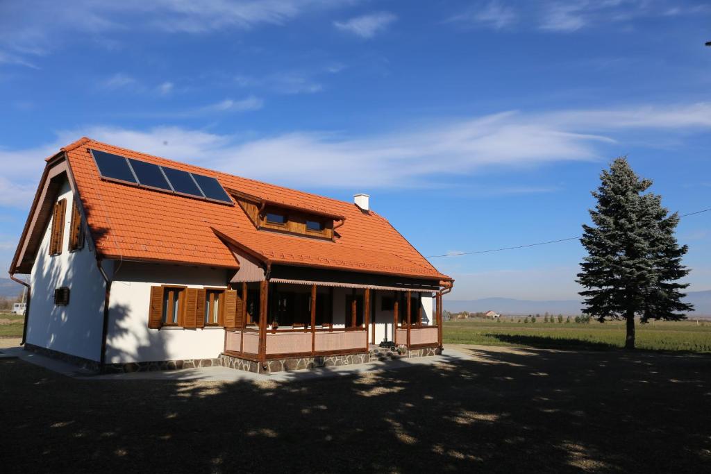 BorzontEzüstfenyő Agroturisztikai Panzió的屋顶上设有太阳能电池板的房子