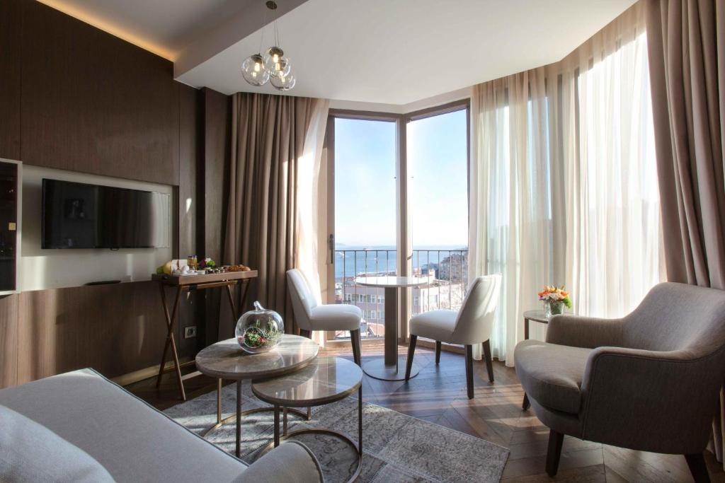 伊斯坦布尔贵族22号套房公寓式酒店 - 特殊类别的带沙发和椅子的客厅以及大窗户。