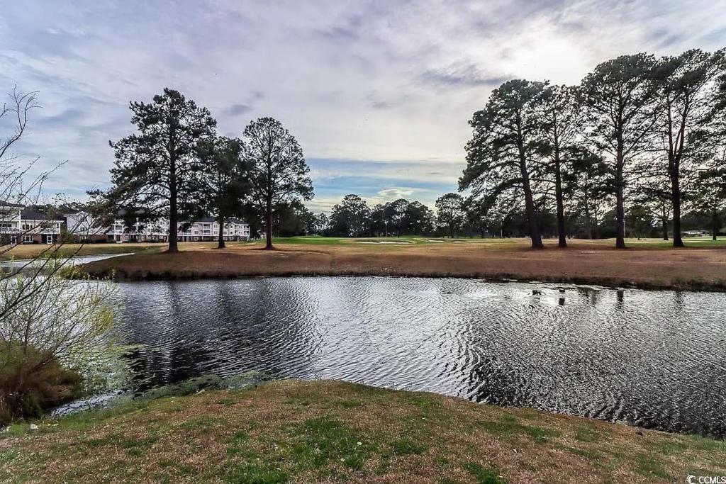 默特尔比奇Beautiful 1500 s f 3 Bd - 2 Ba condo overlooking stream and golf course的树下公园的池塘