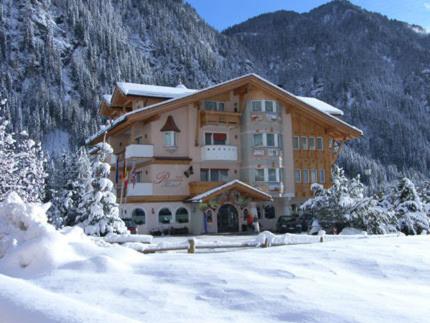 坎皮泰洛迪法萨Alpenhotel Panorama的一座大建筑,位于雪覆盖的山中