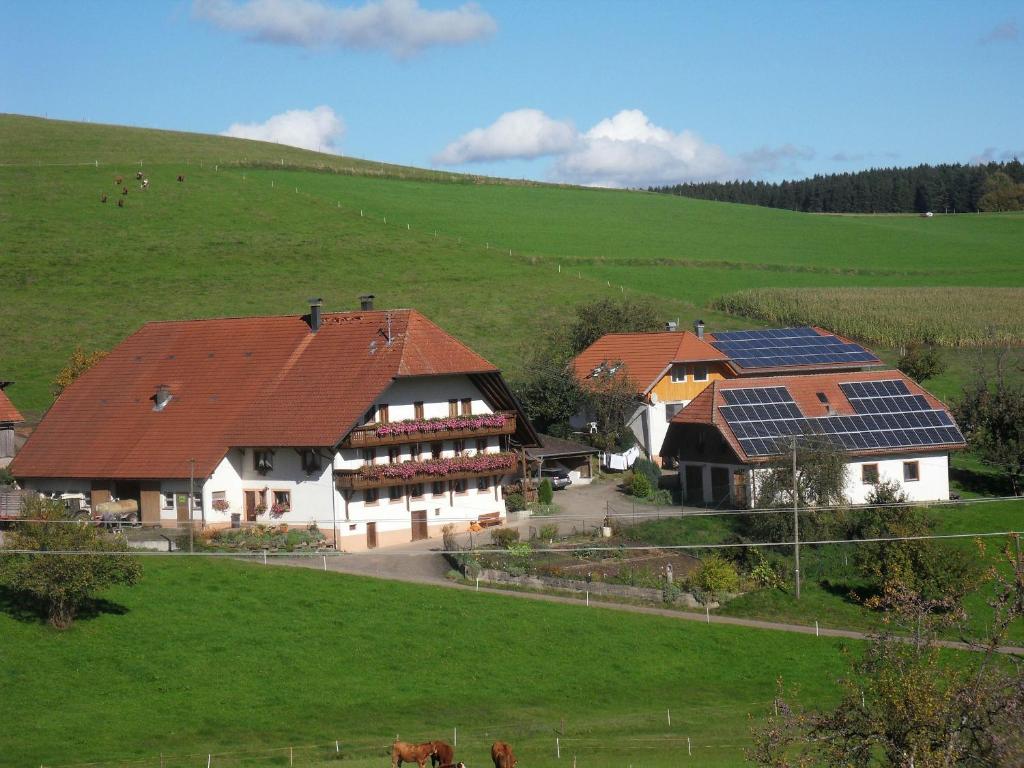 埃尔察赫Stockerhof的享有房子的空中景色,上面设有太阳能电池板